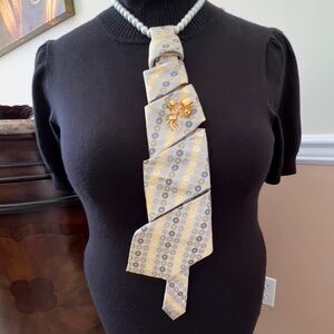 Upcycled Yellow With Blue Floral Silk Woman Necktie, Gold Tone Tulip Brooch